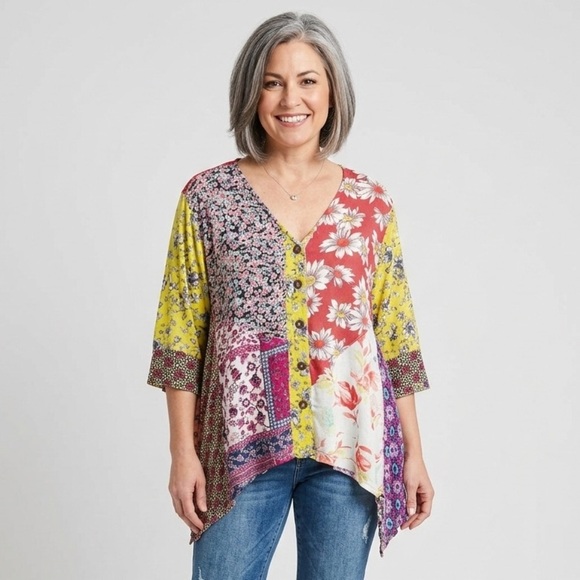 Sacred Threads Tops - SACRED THREADS | Floral Patchwork V-Neck Top